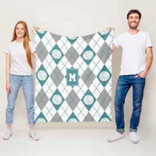 Couverture Polaire turquoise gris Jacquard motif volleyballs monogram