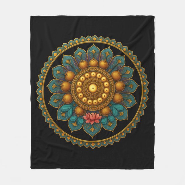 Couverture Polaire Turquoise Lotus Mandala - Black Boho Graphic Art (Devant)