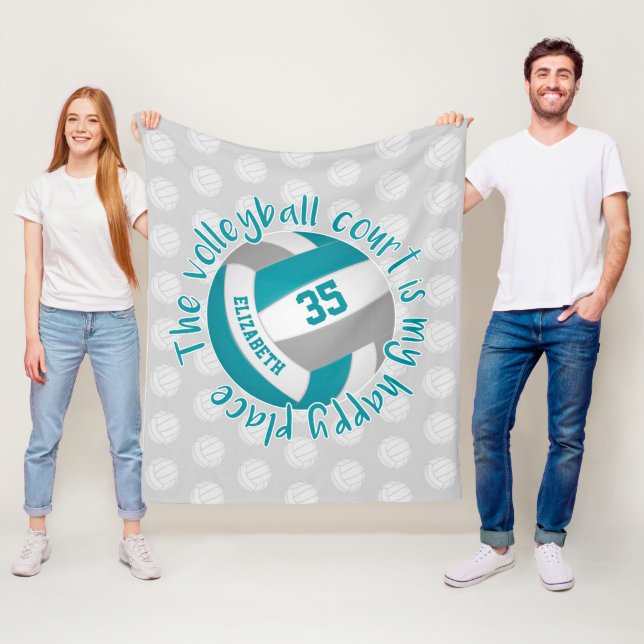 Couverture Polaire turquoise terrain de volley-ball gris mon endroit  (En situation)