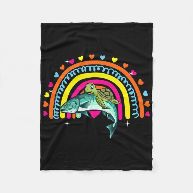 Couverture Polaire Turtle Riding Salmon Fish Funny Animal Lover Rainb (Devant)