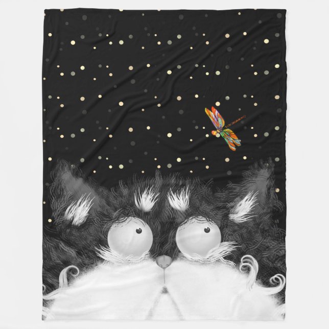 Couverture Polaire Tuxedo Cat surpris par la libellule (Devant)