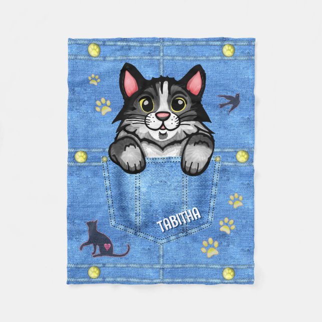 Couverture Polaire Tuxedo Chat à Faux Denim Poche avec nom personnali (Devant)