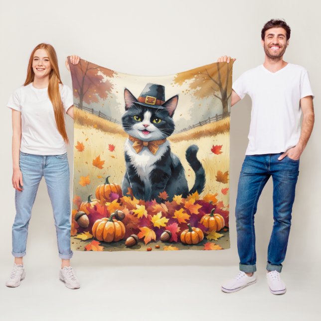Couverture Polaire Tuxedo Chat À L'Automne Quitte Thanksgiving Art (En situation)