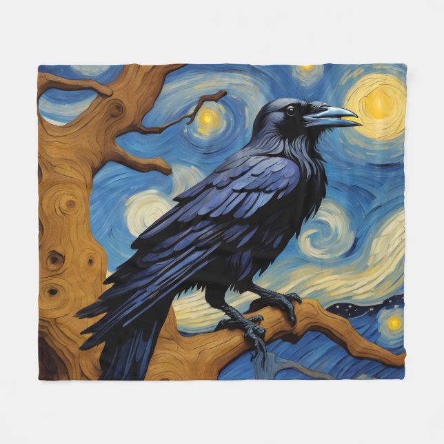 Couverture Polaire Un Corbeau dans un vieux chêne La nuit étoilée (Devant (Horizontal))