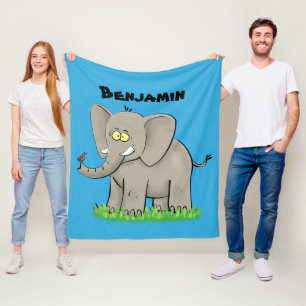 Couverture Polaire Un joli éléphant drôle avec un oiseau sur le tronc