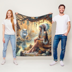 Couverture Polaire Une amérindienne autochtone et un loup près d'une 