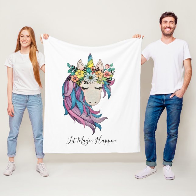 Couverture Polaire Unicorne Avec Fleurs sauvages En Aquarelle (En situation)