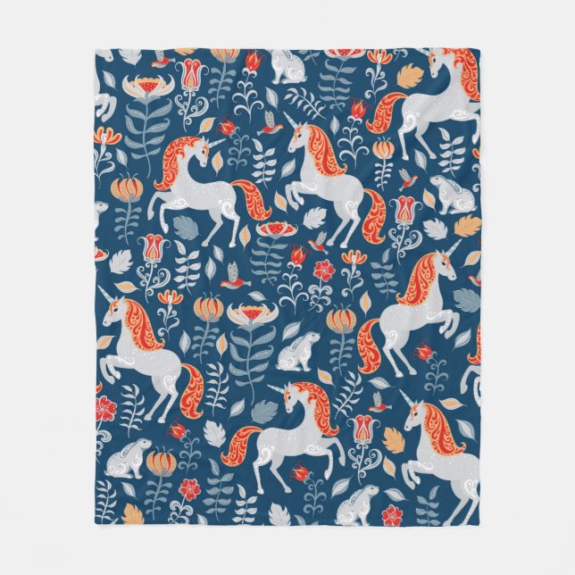 Couverture Polaire Unicornes, lapins, oiseaux, fleurs sur fond bleu (Devant)