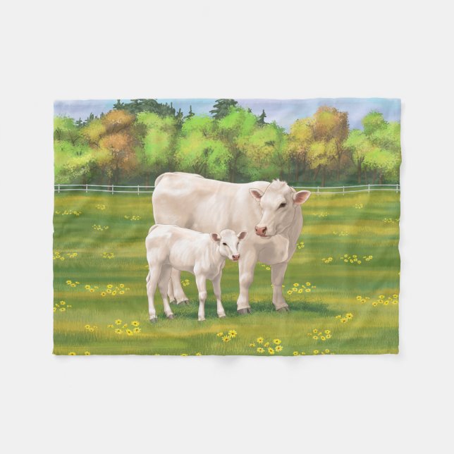 Couverture Polaire Vache Charolais Blanche & Boeuf de veau Cupide (Devant (Horizontal))