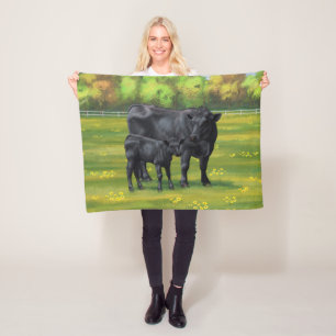 Couverture Polaire Vache d'Angus noir et veau mou en pâturage d'été