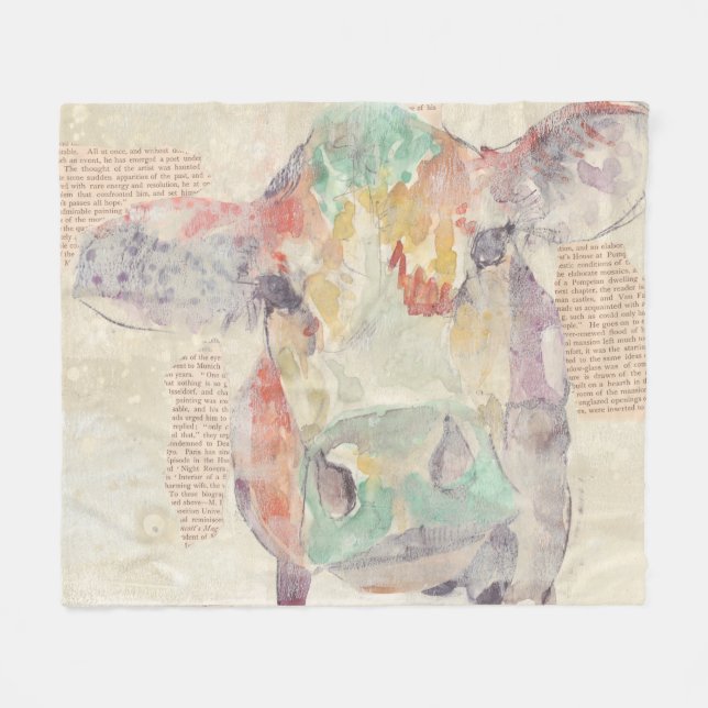 Couverture Polaire Vache de collage de la ferme aquarelle (Devant (Horizontal))