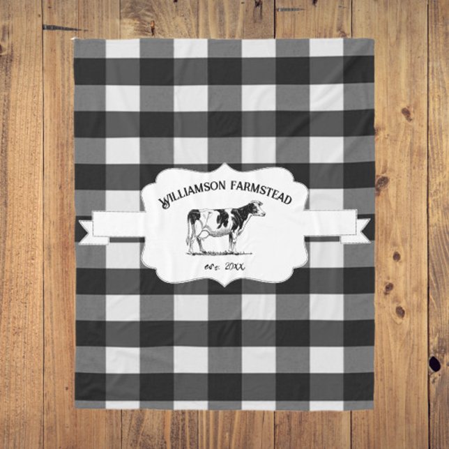Couverture Polaire Vache de la ferme de Buffalo noir Blanche (Black Buffalo Plaid Farm Cow Fleece Blanket)