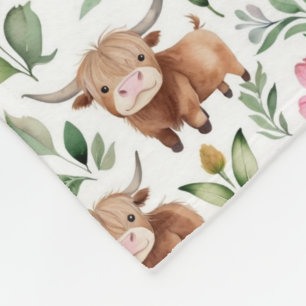 Couverture Polaire Vaches Highland et fleurs roses Motif Floral