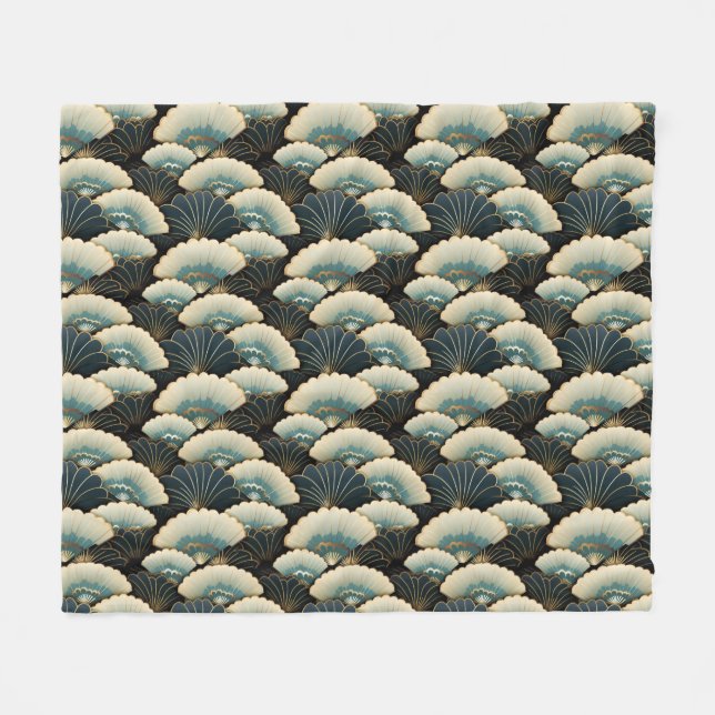 Couverture Polaire Ventilateur Gold et Turquoise inspiré par le Japon (Devant (Horizontal))