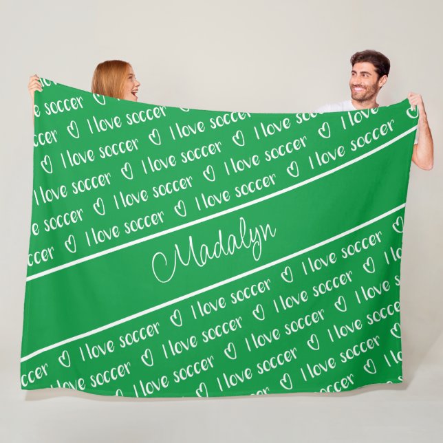 Couverture Polaire vert blanc J'aime le motif texte de football (En situation)