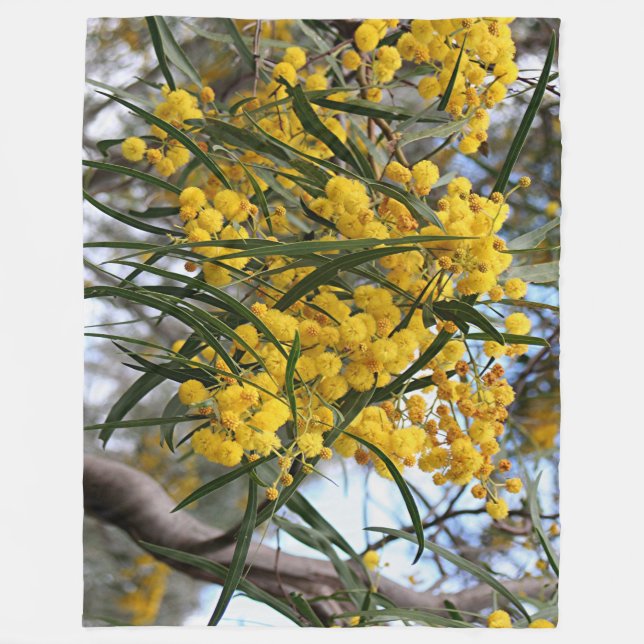Couverture Polaire Vert et fleurs australiennes d'acacia d'or (Devant)