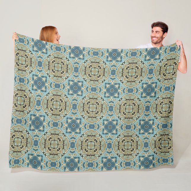 Couverture Polaire Vert gris Turquoise bleu ocre Hip Bohême Bali Art (En situation)