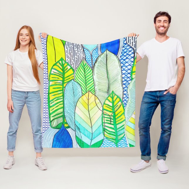 Couverture Polaire Vert Jaune mignon Moderne Tropical Boho Feuille (En situation)