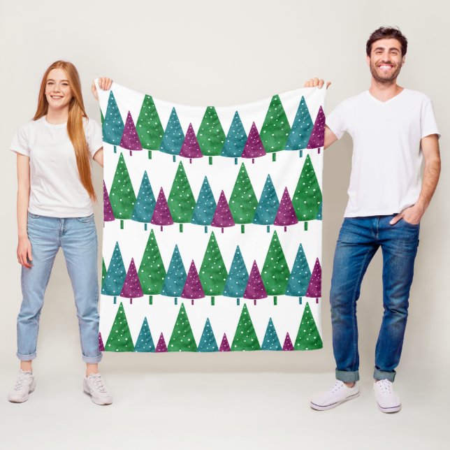Couverture Polaire Vert Magenta Turquoise Aquarelle Arbres Motif (En situation)