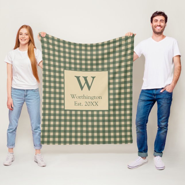 Couverture Polaire Vert monogrammé Tan Beige Buffalo Plaid Country  (En situation)