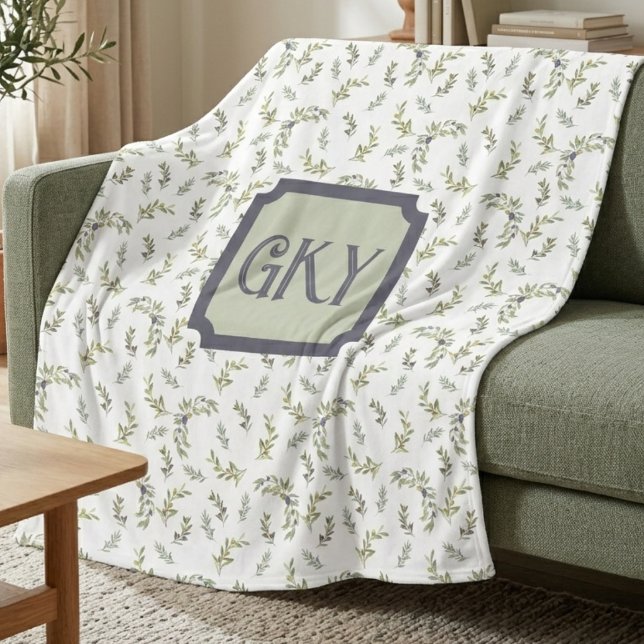 Couverture Polaire Vert sauge aquarelle monogramme chic motif olive (Créateur téléchargé)