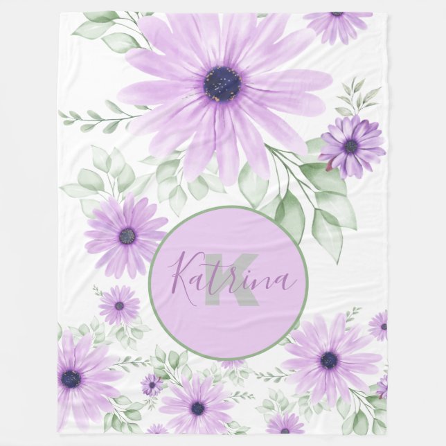 Couverture Polaire Vert violet personnalisé, Fleurs aquarelles (Devant)