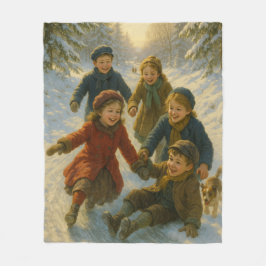 Couverture Polaire Victorian Christmas Blanket – Kids Playing in Snow