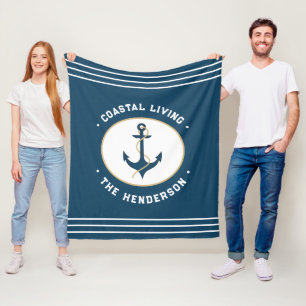 Couverture Polaire Vie côtière Nautique Turquoise bleu blanc Ancre