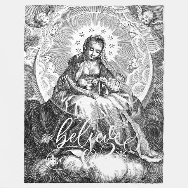 Couverture Polaire Vierge Marie et Jésus Noir et Blanc (Devant)