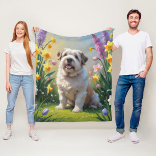 Couverture Polaire Vieux Chien de Berger Anglais Peinture de Fleurs P