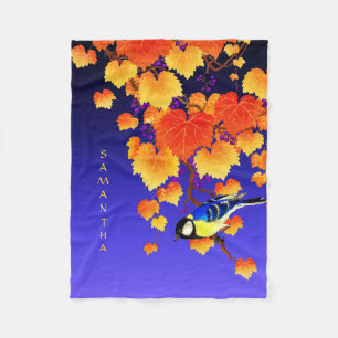 Couverture Polaire Vigne de raisin d'automne Grand Tit Oiseau Orange