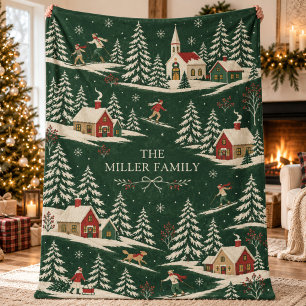 Couverture Polaire Village d'hiver personnalisé de la famille avec im