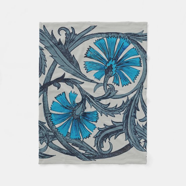 Couverture Polaire vintage bleu antique fleurs artisanat rustique (Devant)