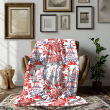 Vintage Chinoiserie Delft Français rouge bleu mono