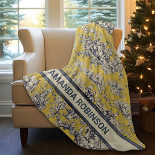 Couverture Polaire Vintage lac fleuri jaune toile de jouy monogramme