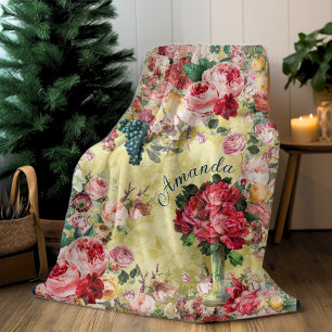 Couverture Polaire Vintage shabby chic roses et vase jaune