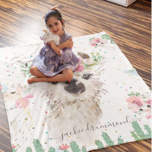 Couverture Polaire Visage de lama floral   Fleece à monogramme de sig