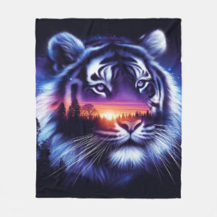 Couverture Polaire Visage de tigre et paysage de coucher de soleil Pi