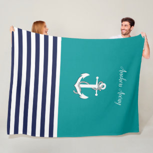 Couverture Polaire Voilier blanc nautique/ancre loin/aqua/bleu marine