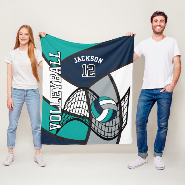 Couverture Polaire Volley-ball 🏐 sport en bleu, Turquoise, blanc et  (En situation)