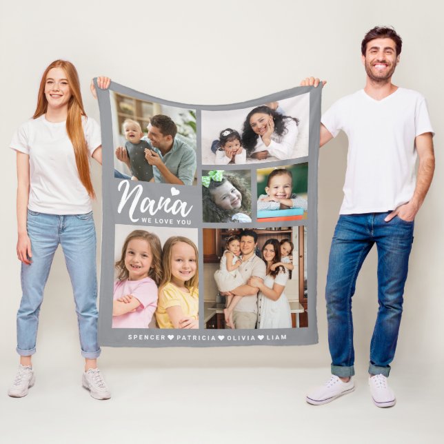 Couverture Polaire We Love You Nana Grandkids 6 Photo Collage Grey (En situation)