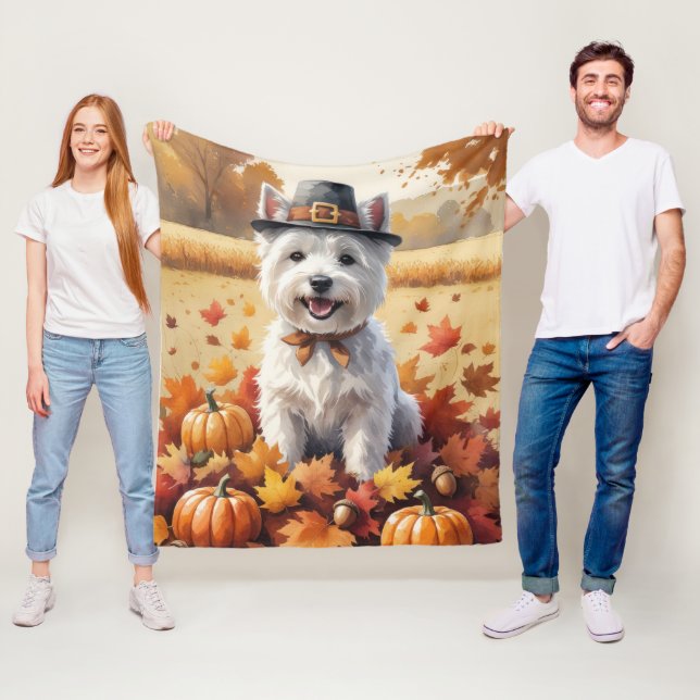 Couverture Polaire West Highland White Terrier Feuilles d'automne (En situation)