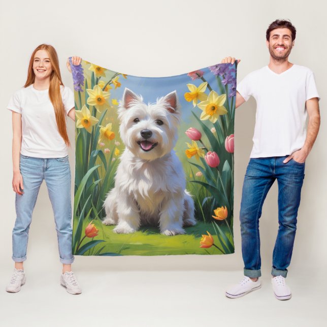 Couverture Polaire West Highland White Terrier Fleurs de printemps (En situation)