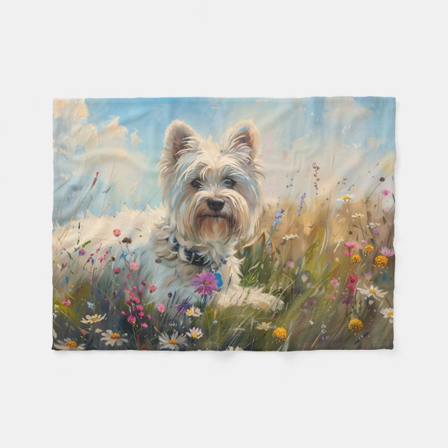 Couverture Polaire West Highland White Terrier Fleurs sauvages (Devant (Horizontal))