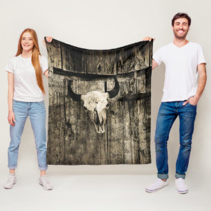 Couverture Polaire Western Bull Skull Wood Barn Vintage Sepia Russe
