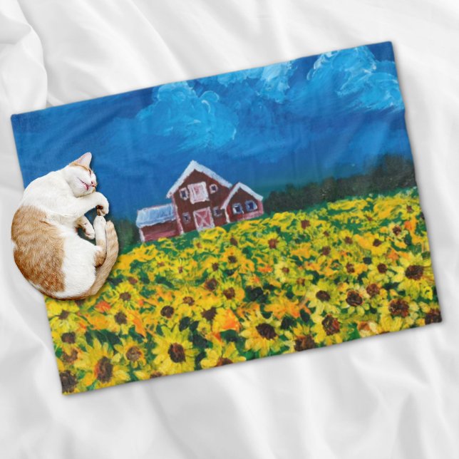 Couverture Polaire western country red barn summer sunflower field (western country red barn summer sunflower field fleece blanket)