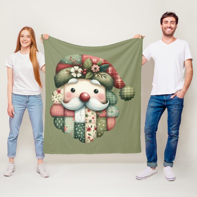 Couverture Polaire Whimsical Patchwork Santa Folk Christmas (En situation)