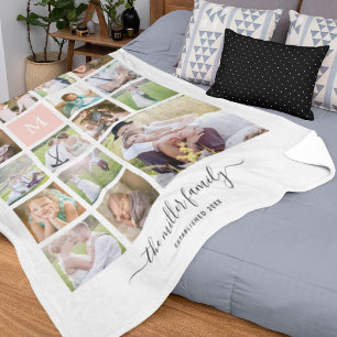Couverture Polaire White 16 Photo Collage Monogramme Nom Calligraphie