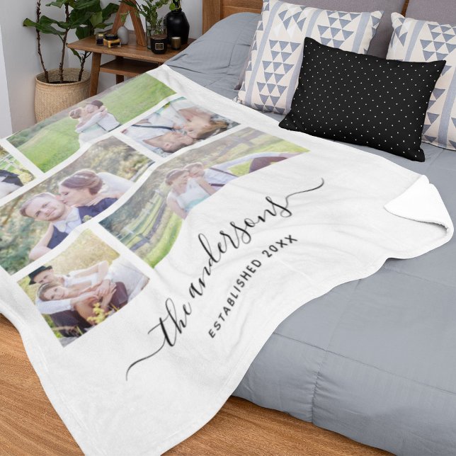 Couverture Polaire White Six Photo Collage Nom de famille Calligraphi (Créateur téléchargé)