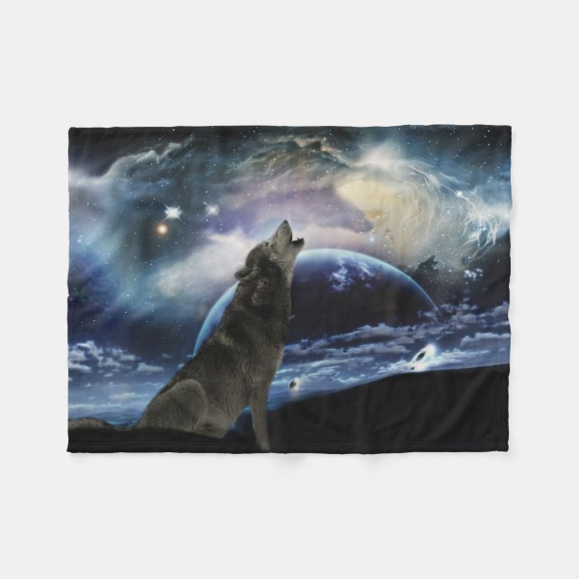 Couverture Polaire Wolf hurle sur la lune (Devant (Horizontal))